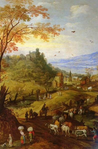 and Brueghel Jan the Younger 1564 to 1635 and 1601 to 1678 A Rocky Landscape With Cattle On A Road O C 1345 by 96cm